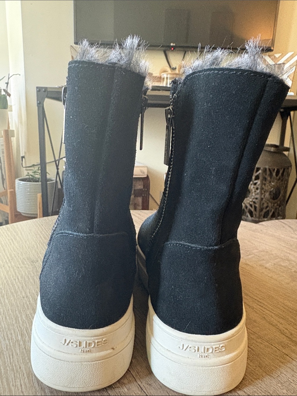 J/SLIDES Black Suede Faux-Fur Trim Mid-Calf Heeled Boots